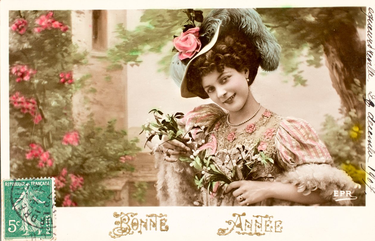 Régi képeslap/Boldog évet/Kívánság/Woman Belle Epoque alkotó: William M. Timlin
