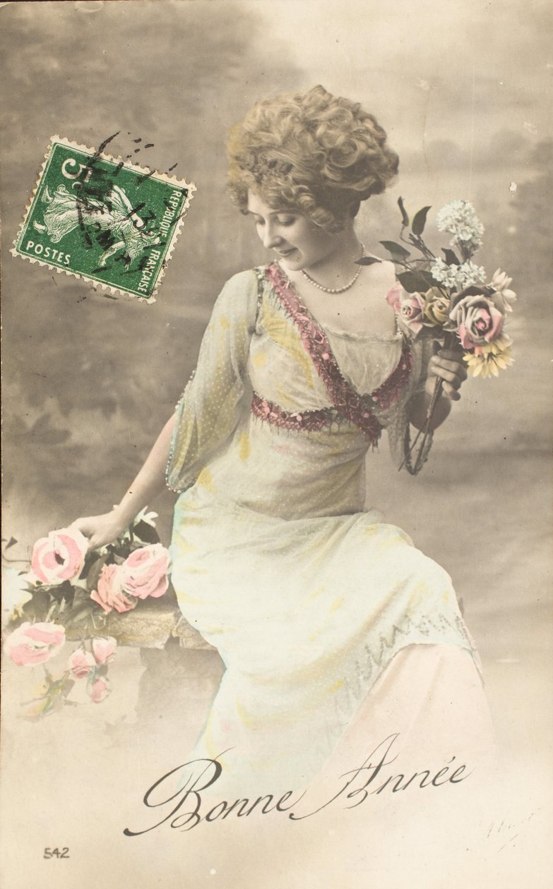 Régi képeslap/Boldog évet/Kívánság/Woman Belle Epoque alkotó: William M. Timlin