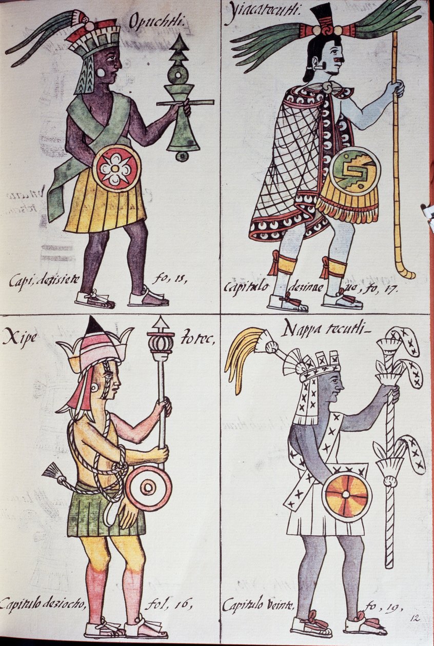 Opochtli, Xipe Totec, Yacatecuhtli és Nappatectli, oldal a firenzei kódexből, Az új Spanyolország dolgainak általános története, Azték alkotó: Benjamin Baud