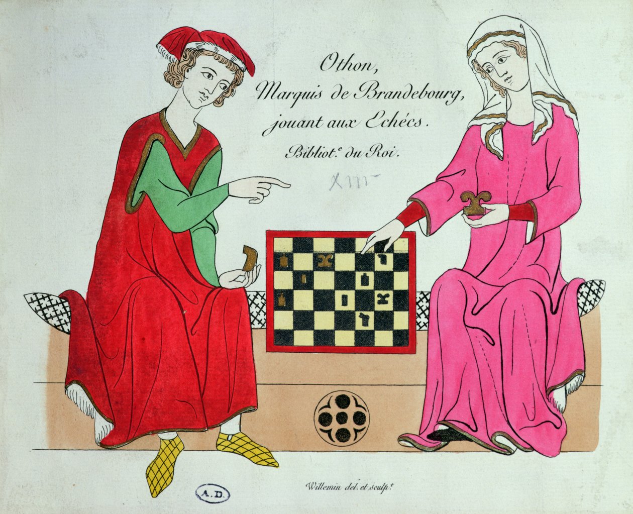 IV. Ottó, Brandenburg márki, sakkozik egy hölggyel, illusztráció a Manesse Codex vagy Grosse Heidelberger Liederhandschrift fakszimiléjéből, készült Züerichben 1305-40 körül (színes litó) alkotó: Unbekannt