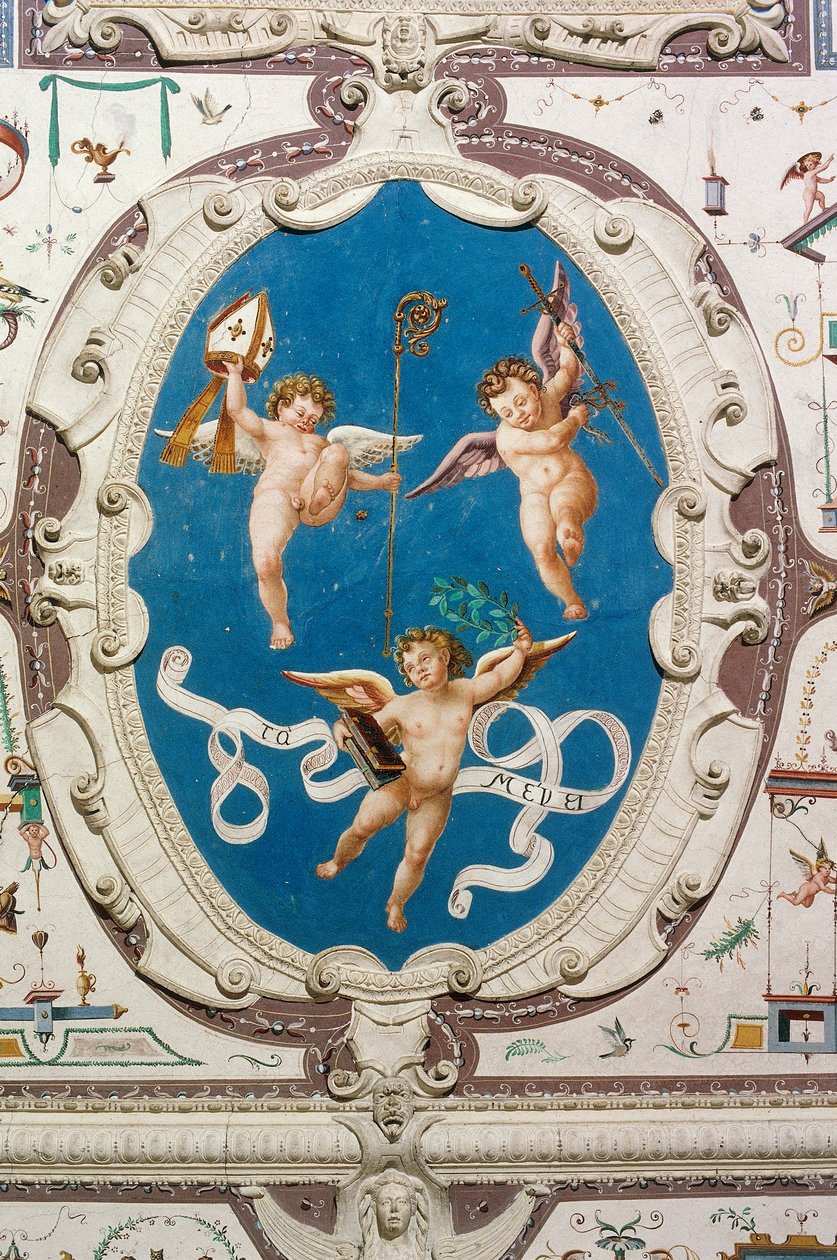Három puttit ábrázoló ovális (1560), a Groteszkek mennyezetének részlete, Della Manta kastély, Manta (Cuneo), Piemont, Olaszország alkotó: William M. Timlin