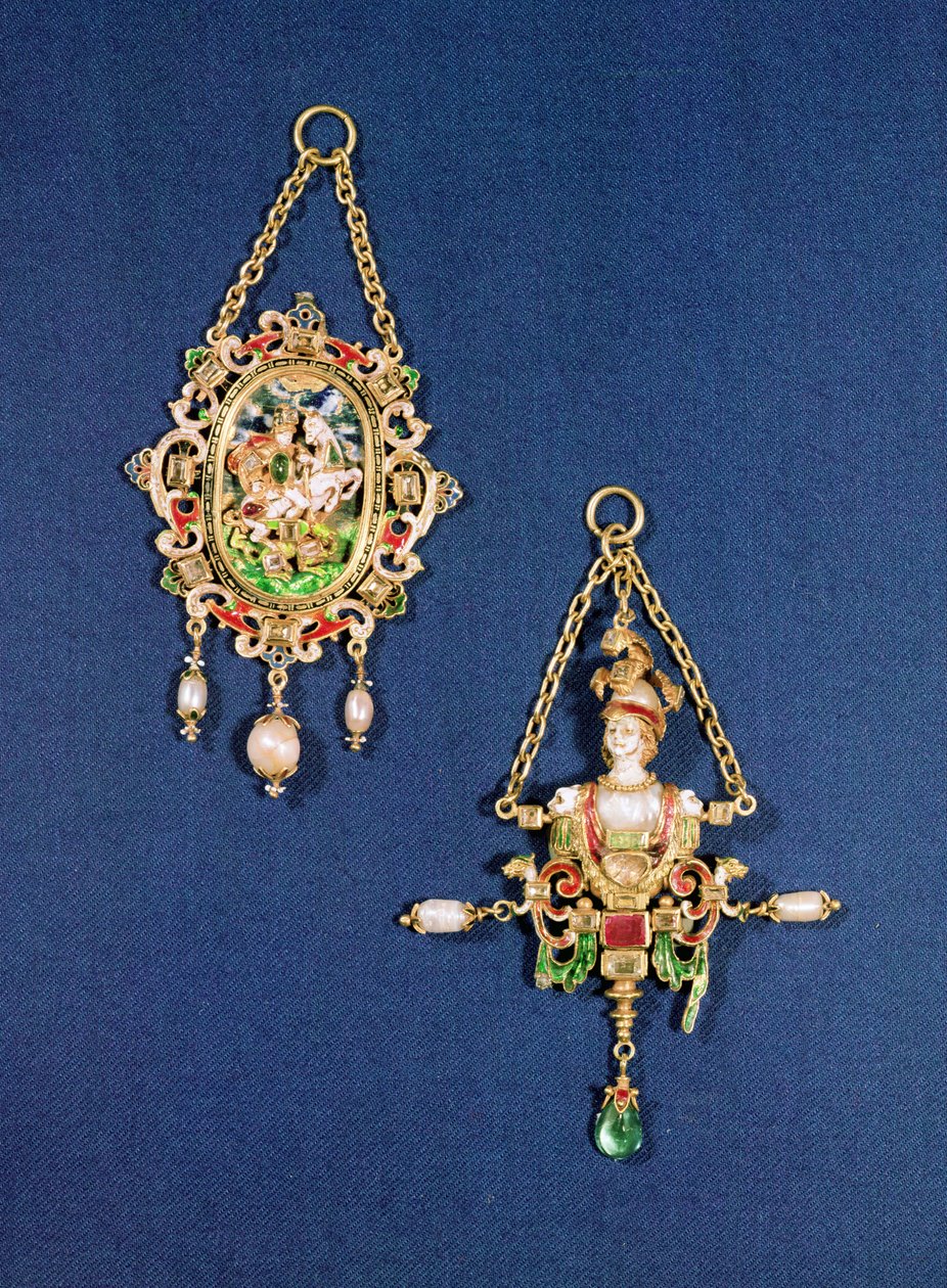 Ovális medál ékszer, amelyen Szent György látható, amint megöli a sárkányt, észak-európai, 1600 körül; Medálékszer Minerva mellszobra formájában, délnémet, 1570 körül alkotó: Unbekannt