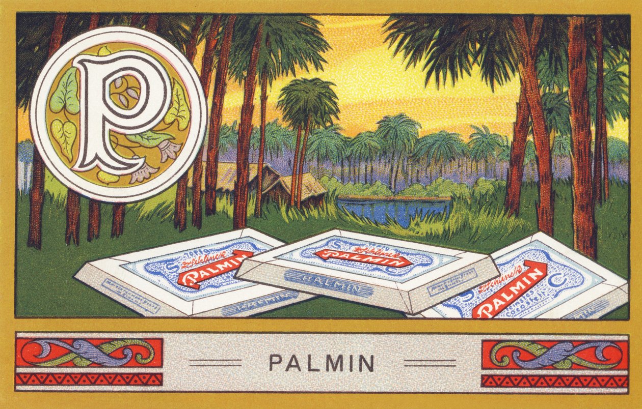 P: Palmin - Palmin ábécé. Kromolitográfiák sorozata, szerkesztette: H. Schlinck & Cie, Hamburg, p. d. . Palmin feinstes Cocosfett reklámja. Méretek: 7 x 11 cm alkotó: William M. Timlin