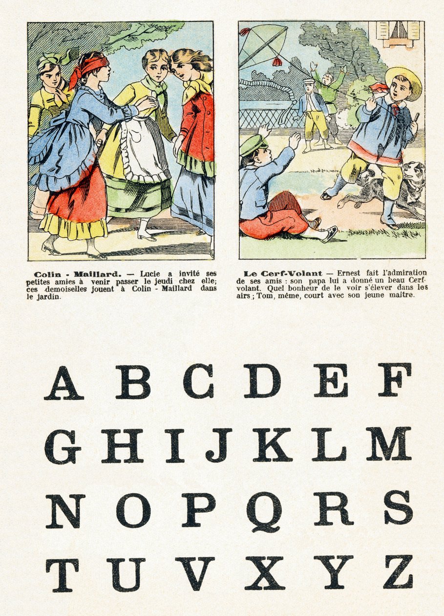 1. oldal - Gyerekjátékok: Colin Maillard, a sárkány - Ábécé - Gyermekek szórakoztatása - Epinal képek, népszerű sorozatok, 1890 körül alkotó: Unbekannt