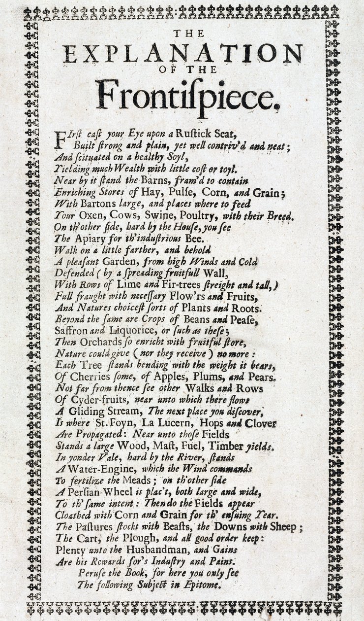 Címlap és verses magyarázat a „Systema agriculturae: a állattenyésztés rejtélye felfedezett” 4. kiadásához John Worlidge (aktív 1669-1698), 1697-ben Londonban. alkotó: Unbekannt
