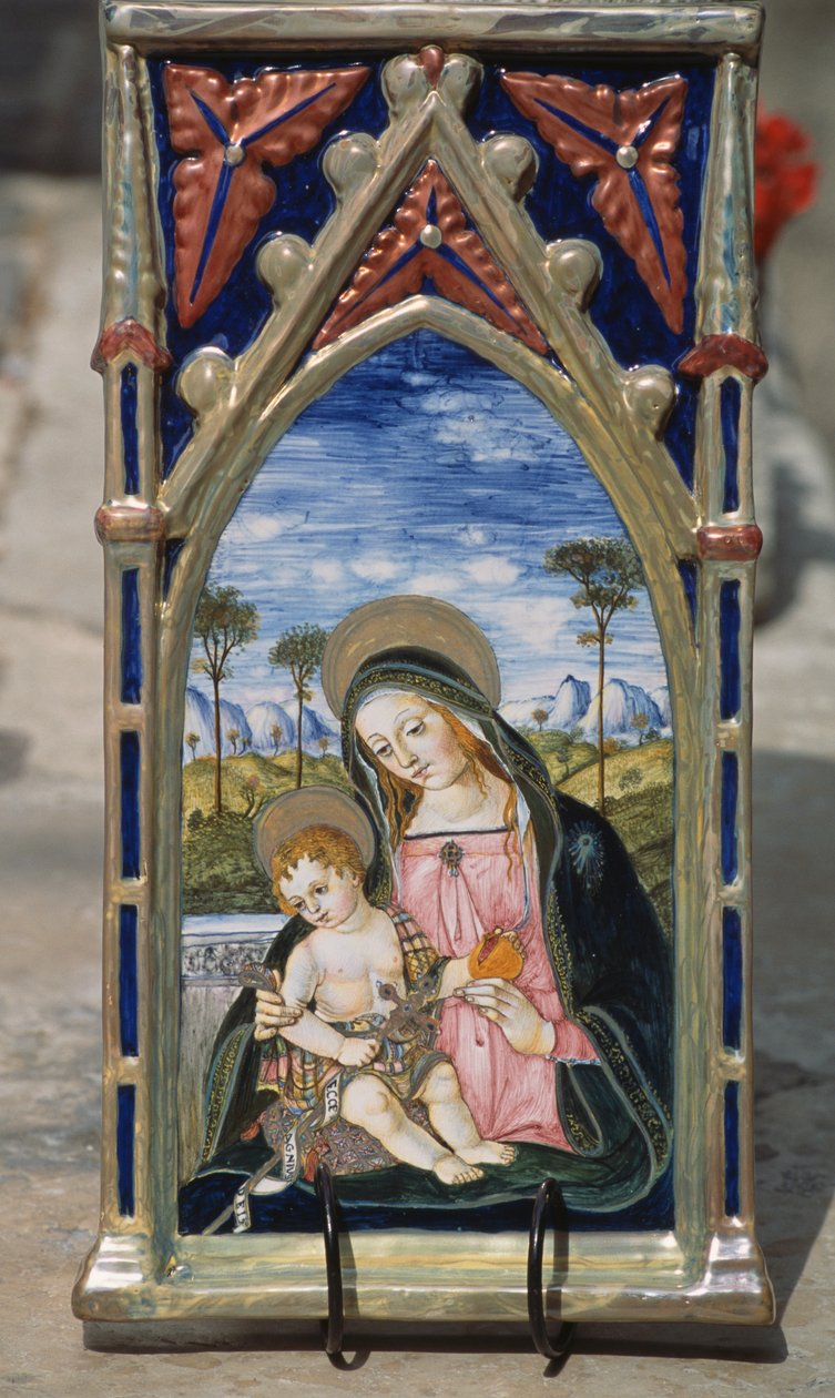 Festett kerámia csempe Madonnával és gyermekével, Gualdo Tadino, Umbria, Olaszország alkotó: William M. Timlin