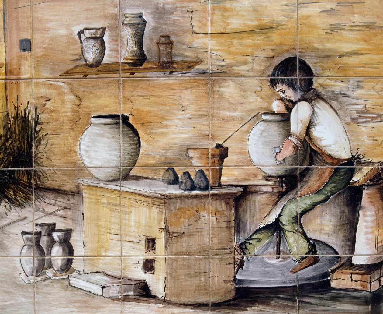 Festett maiolica tábla, amely a kerámiakészítés jelenetét ábrázolja, kézzel készítette: Ceramiche Desuir, Santo Stefano di Camastra, Szicília, Olaszország, Részlet alkotó: William M. Timlin