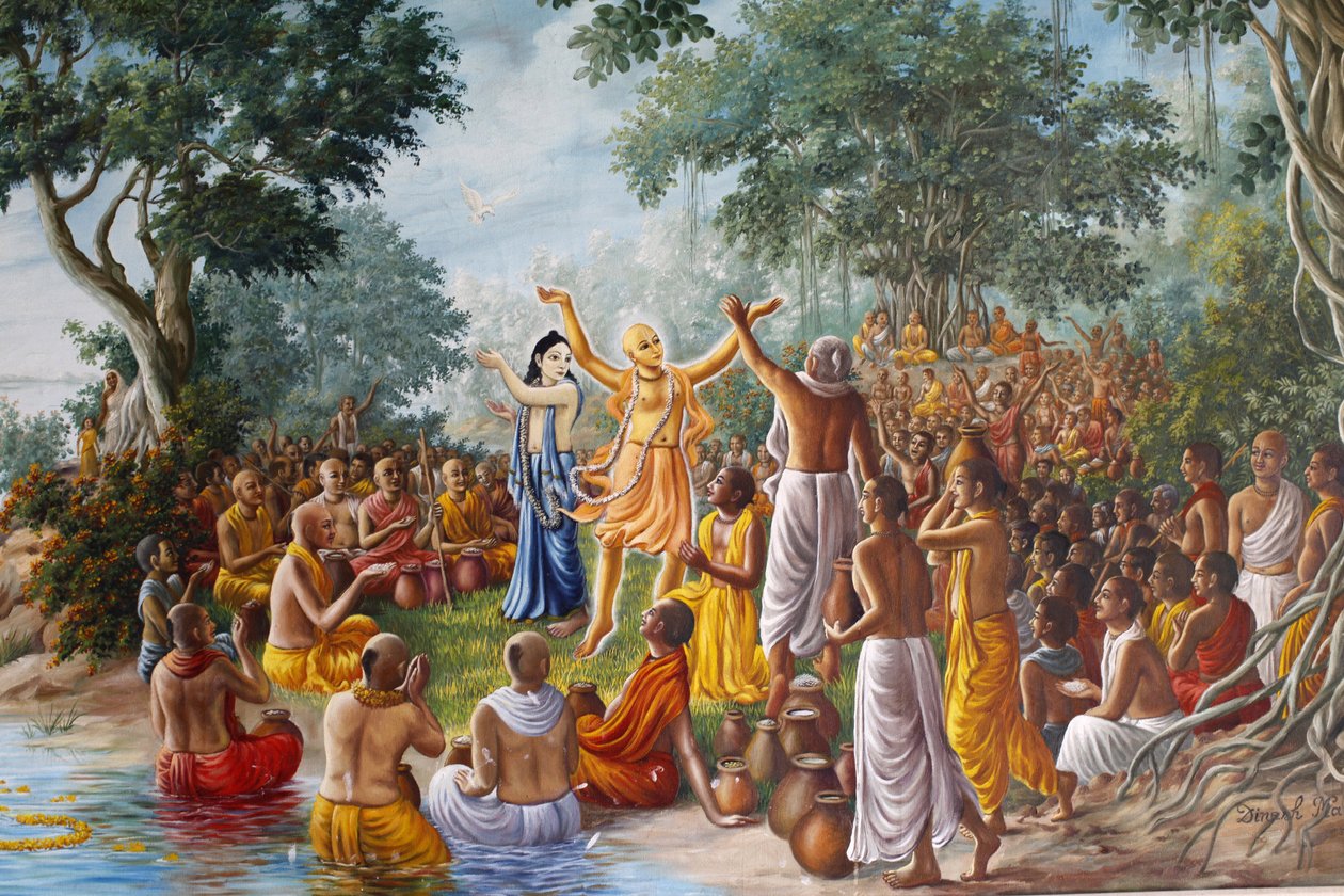 Festmény a Bhaktivedanta Manorban, amely Lord Caitanya-t, Lord Nityananda-t és követőiket ábrázolja a Gangesz folyó partján. alkotó: Unbekannt