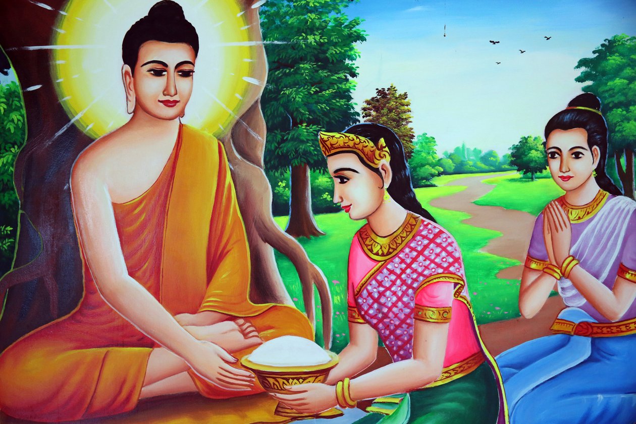 Festmény, amely Buddha felajánlásokat kap. Kambodzsa alkotó: Unbekannt