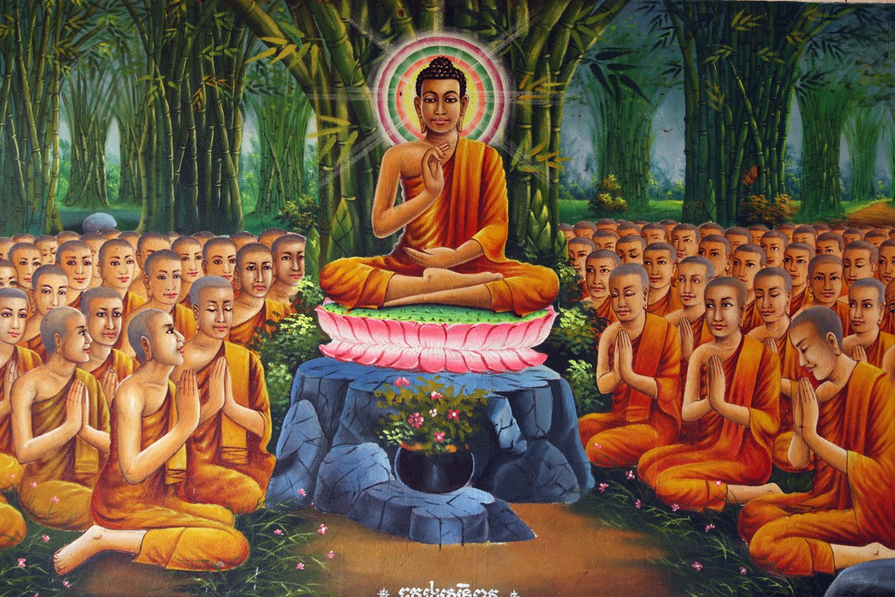 Festmény, amely Buddha tanítását ábrázolja Udong Cambodge szerzeteseknek alkotó: Unbekannt