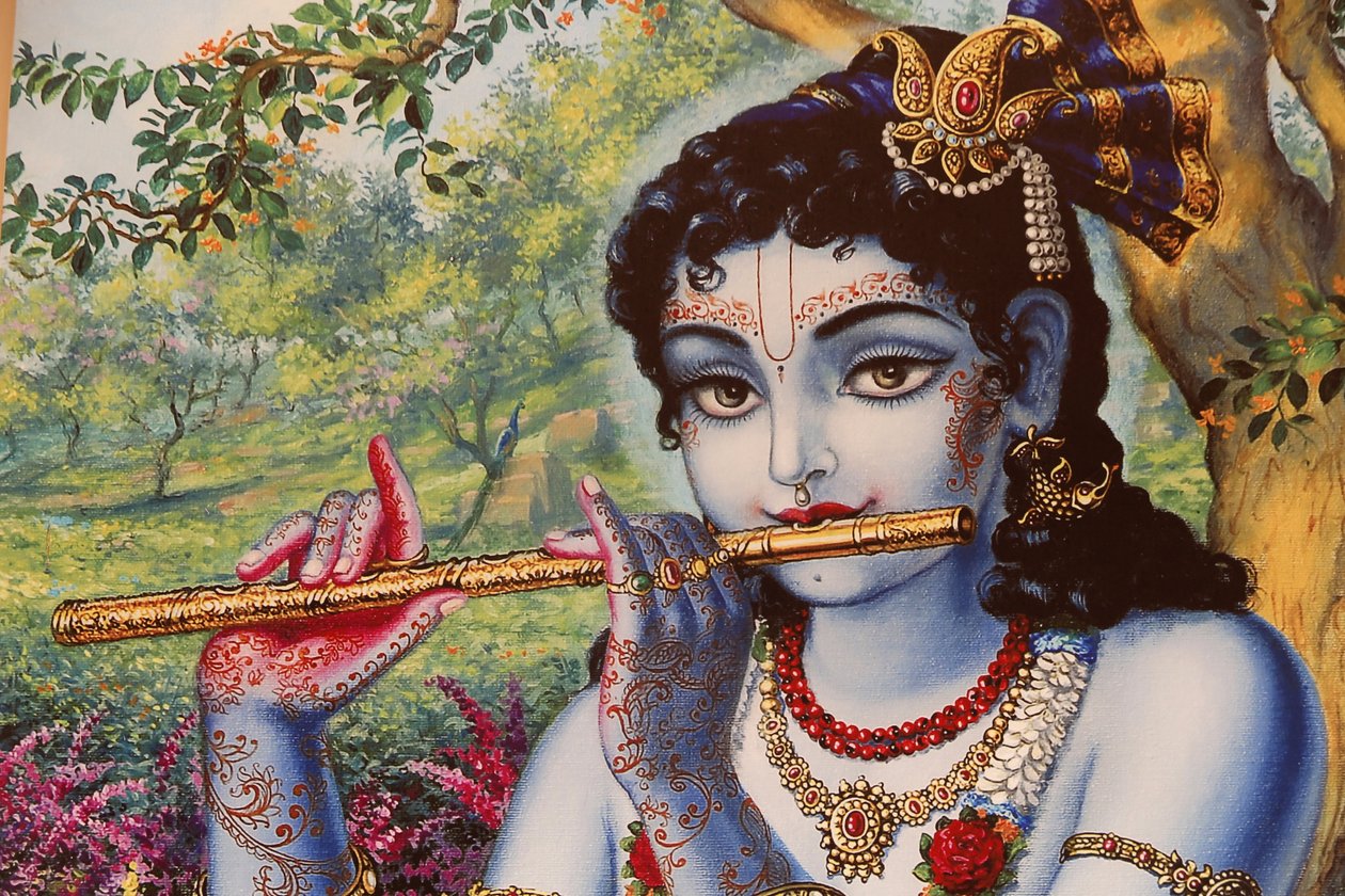 Festmény, amely Krisna hindu istent ábrázolja, aki a szabadban furulyázik. India alkotó: Unbekannt