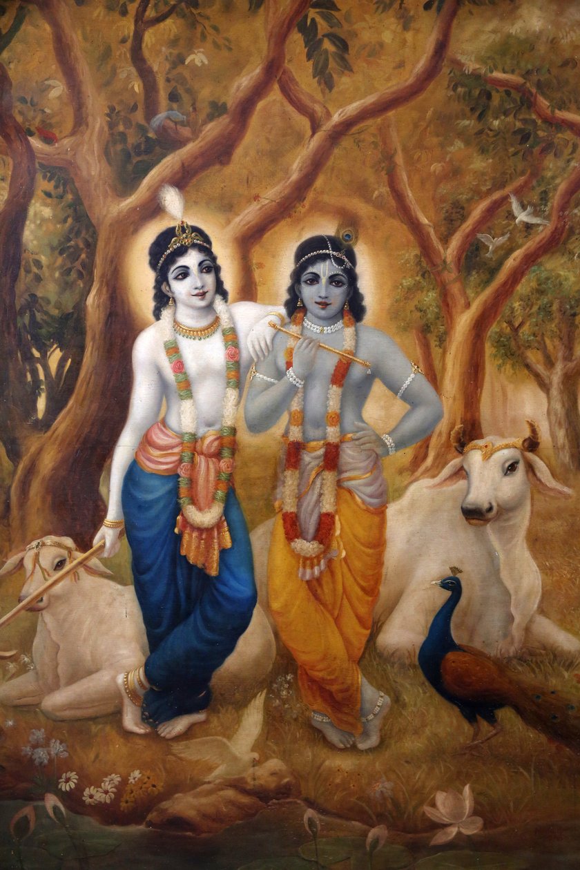Festmény, amely Krisna hindu istent ábrázolja testvére, Balaram mellett. India alkotó: Unbekannt