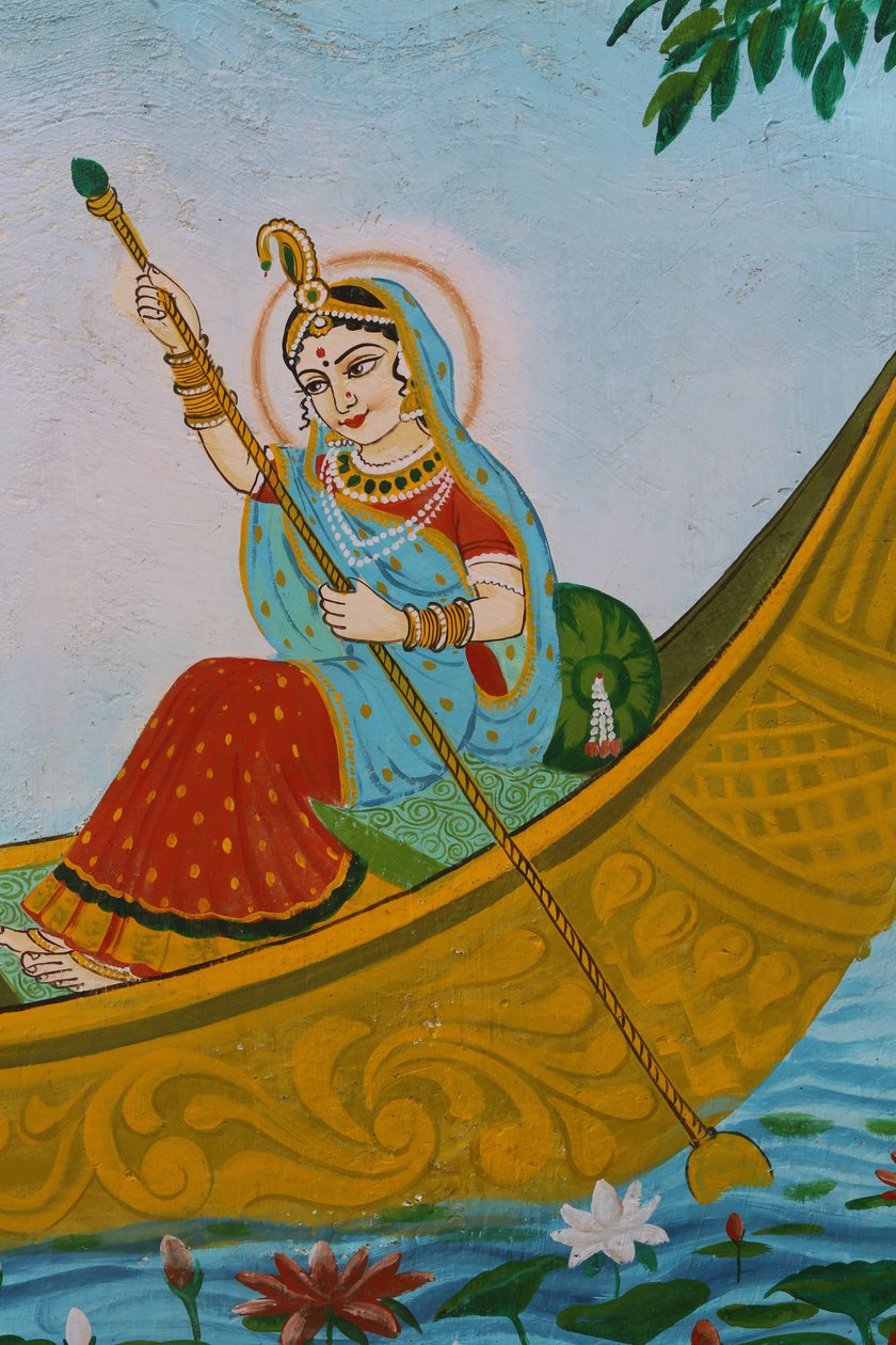 Festmény, amely Sri Radhát (Krishna hitvesét) ábrázolja, amint egy csónakon evez. India alkotó: Unbekannt