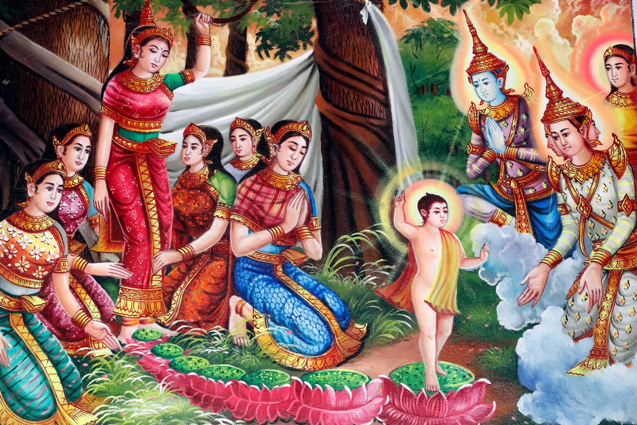 Sákjamuni Buddha élettörténetét ábrázoló festmény. Buddha születése a Lumbini ligetben. Kep. Kambodzsa. (fénykép) alkotó: Unbekannt