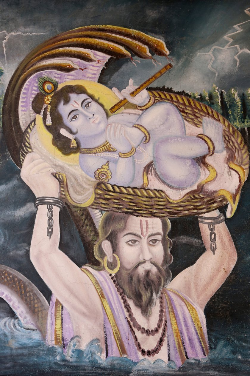 Festmény Gokulban: Krishna kisbabaként, akit Vasudeva vitt át a Yamuna folyón. India alkotó: Unbekannt