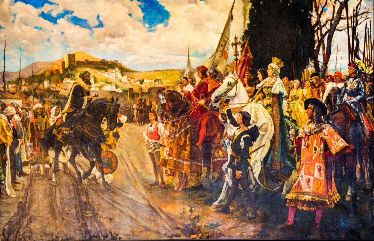 Izabella király kulcsait átadó mórok festménye, I. Izabella és II. Ferdinánd katolikus uralkodók Capilla Real sírkápolnája, Granada, Andalúzia, Spanyolország, Európa (fotó) alkotó: Unbekannter Künstler