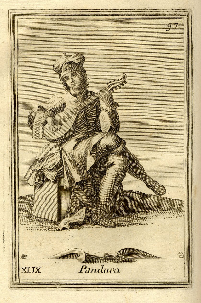 Bizánci eredetű pandúr vonós hangszer, a mandolin őse. Filippo Bonanni "Gabinetto Armonico" című művében, Róma. alkotó: Unbekannter Künstler