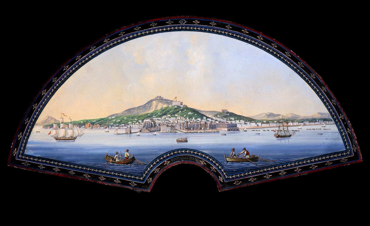 Papírlegyező makett gouache festménnyel, amely a Grand Tour úti céljait ábrázolja, általában a 18. és 19. századi művészek és értelmiségiek gyakorlati utazása a mediterrán országokban fiatalkorukban oktatásuk és gazdagodásuk céljából. alkotó: Unbekannt