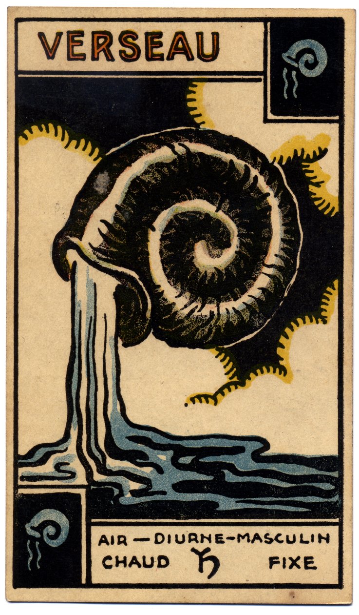 Paranormális. Asztrológia. Vízöntő (a Vízhordozó). Asztrológiai kártya a következőtől: Le Tarot Astrologique (Asztrológiai Tarot), Georges Muchery, Franciaország alkotó: Unbekannter Künstler
