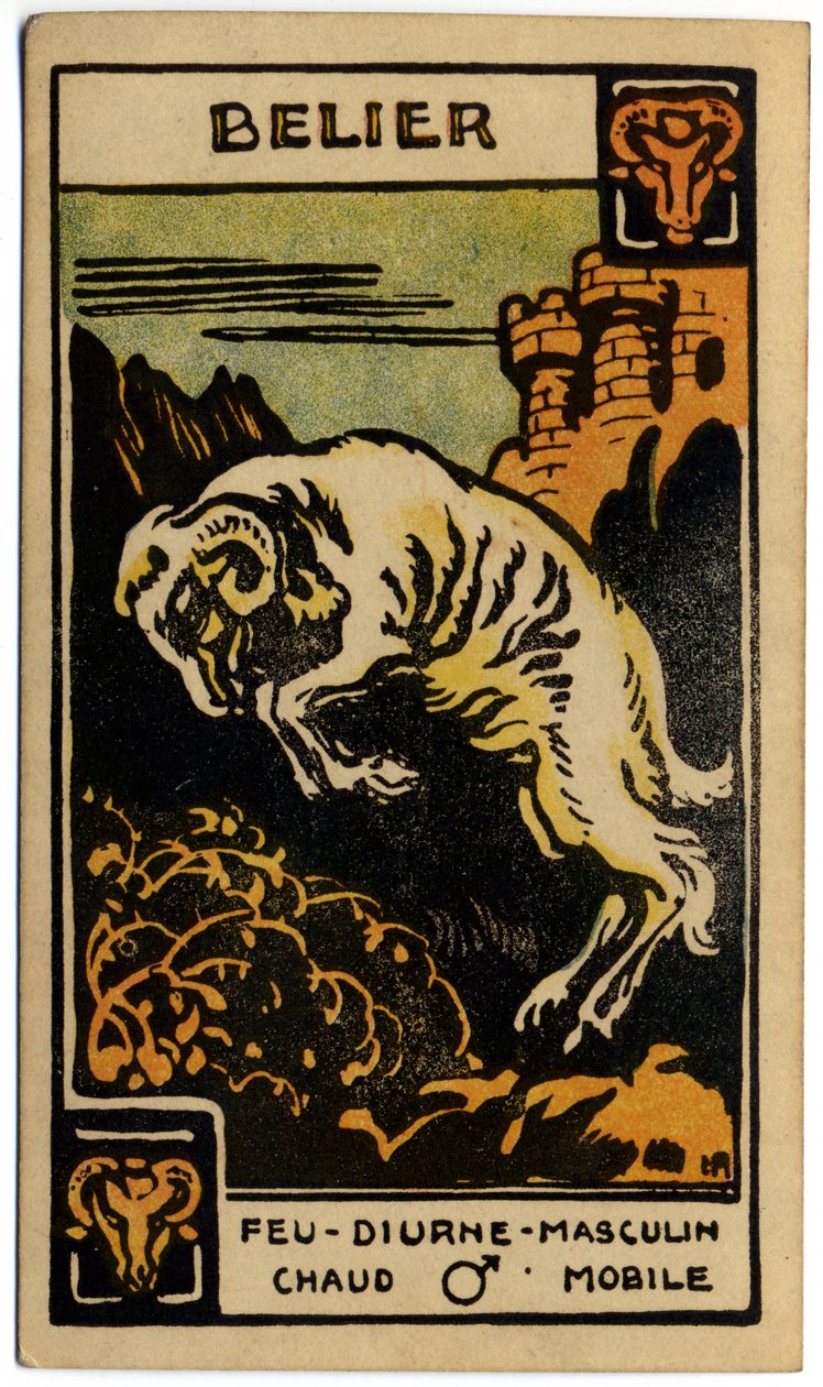 Paranormális. Asztrológia. Kos (a kos). Asztrológiai kártya a következőtől: Le Tarot Astrologique (Asztrológiai Tarot), Georges Muchery, Franciaország alkotó: Unbekannter Künstler
