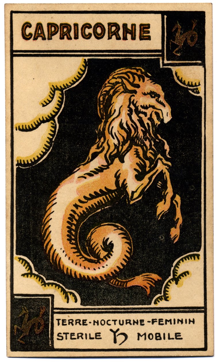 Paranormális. Asztrológia. Bak (the Sea Got). Asztrológiai kártya a következőtől: Le Tarot Astrologique (Asztrológiai Tarot), Georges Muchery, Franciaország alkotó: Unbekannter Künstler