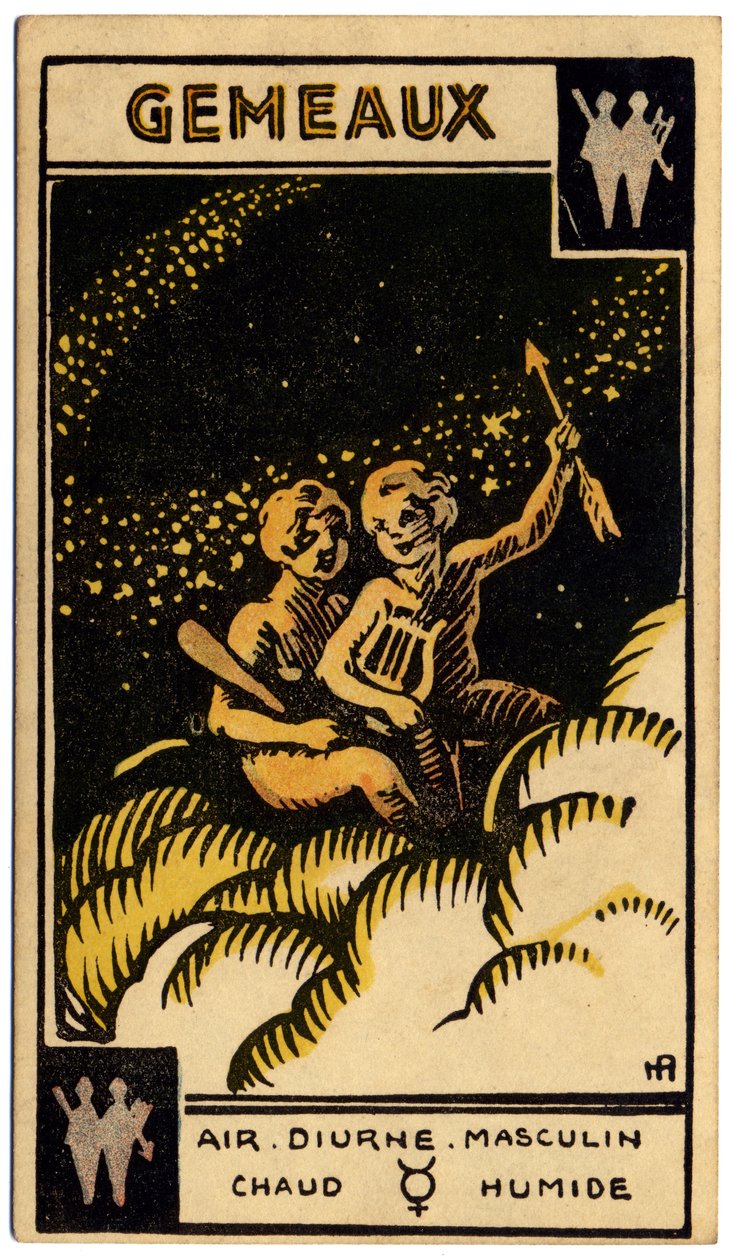 Paranormális. Asztrológia. Ikrek (az ikrek). Asztrológiai kártya a következőtől: Le Tarot Astrologique (Asztrológiai Tarot), Georges Muchery, Franciaország alkotó: Unbekannter Künstler