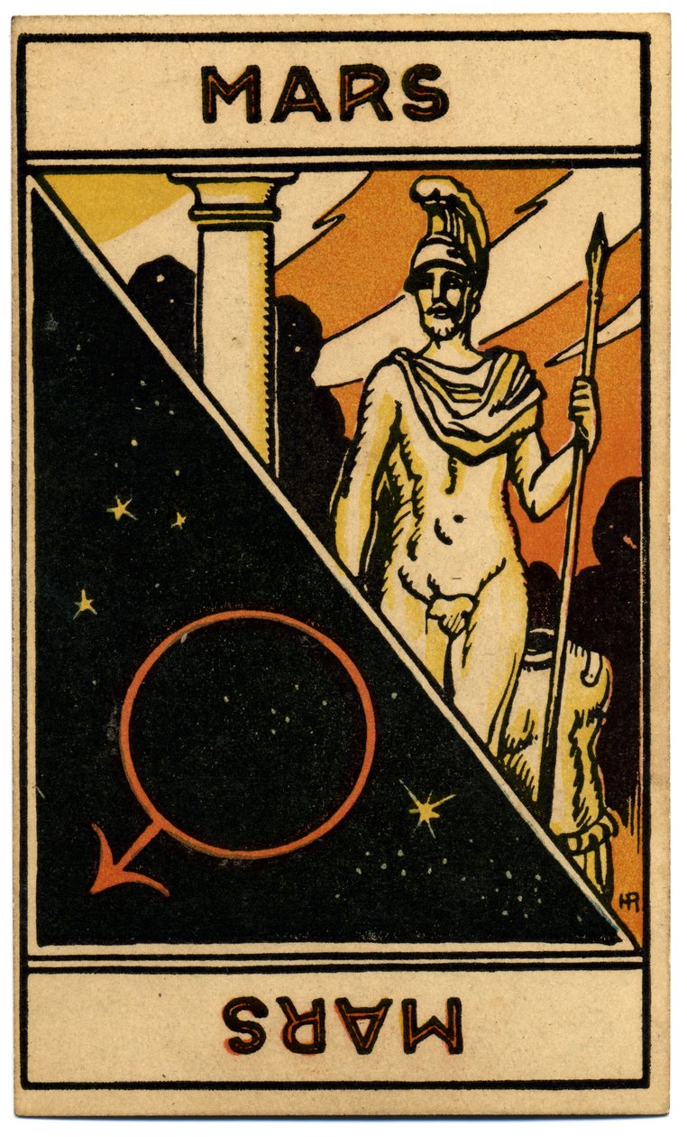 Paranormális. Asztrológia. Mars (bolygó). Asztrológiai kártya a következőtől: Le Tarot Astrologique (Asztrológiai Tarot), Georges Muchery, Franciaország alkotó: Unbekannter Künstler