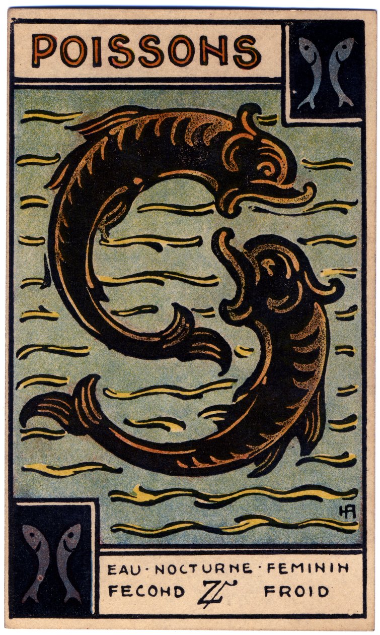 Paranormális. Asztrológia. Halak (a hal). Asztrológiai kártya a következőtől: Le Tarot Astrologique (Asztrológiai Tarot), Georges Muchery, Franciaország alkotó: Unbekannter Künstler