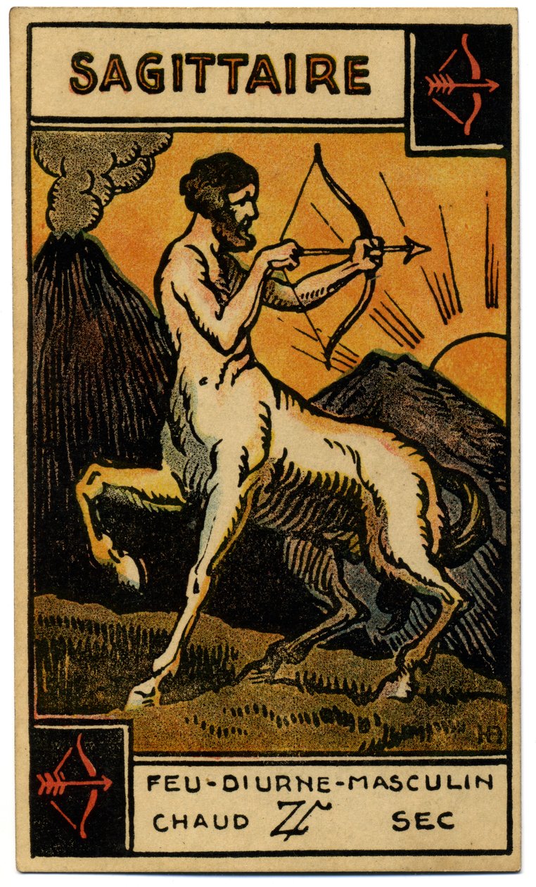 Paranormális. Asztrológia. Nyilas (az Íjász). Asztrológiai kártya a következőtől: Le Tarot Astrologique (Asztrológiai Tarot), Georges Muchery, Franciaország alkotó: Unbekannter Künstler