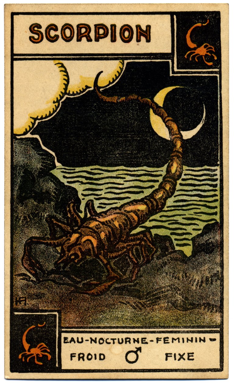 Paranormális. Asztrológia. Skorpió (a Skorpió). Asztrológiai kártya a következőtől: Le Tarot Astrologique (Asztrológiai Tarot), Georges Muchery, Franciaország alkotó: Unbekannter Künstler