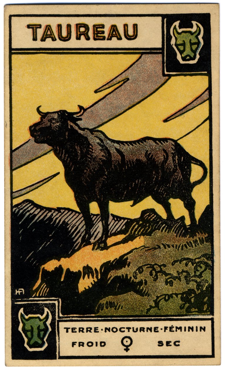 Paranormális. Asztrológia. Bika (a Bika). Asztrológiai kártya a következőtől: Le Tarot Astrologique (Asztrológiai Tarot), Georges Muchery, Franciaország alkotó: Unbekannter Künstler