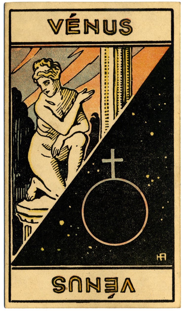 Paranormális. Asztrológia. Vénusz (bolygó). Asztrológiai kártya a következőtől: Le Tarot Astrologique (Asztrológiai Tarot), Georges Muchery, Franciaország alkotó: Unbekannter Künstler