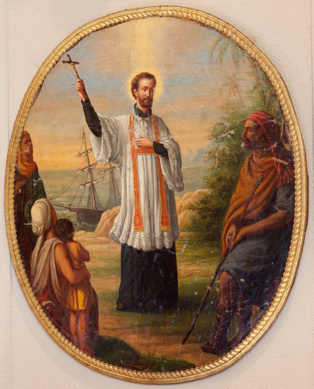 Plébániatemplom (Ledei Szent Dionüsziosz plébániai templom). Belső. Festmény ovális medalionként. Szent mint misszionárius. alkotó: Unbekannter Künstler