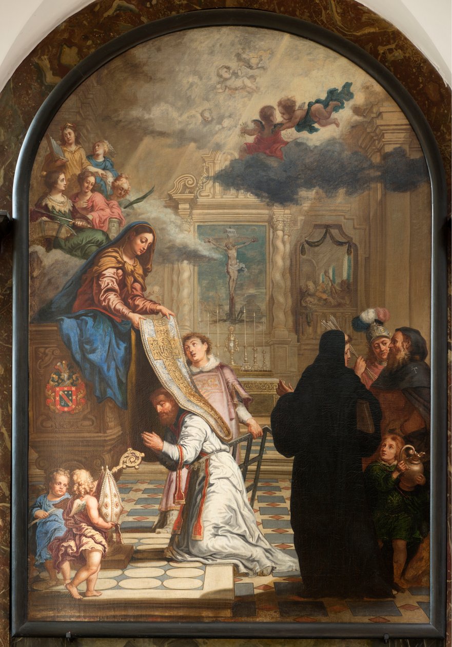 Plébániatemplom (Plébániatemplom Szűzanya). Belső. festmény. Szűzanya ajándékot ad Saint-Ildefonsusnak. alkotó: Unbekannter Künstler