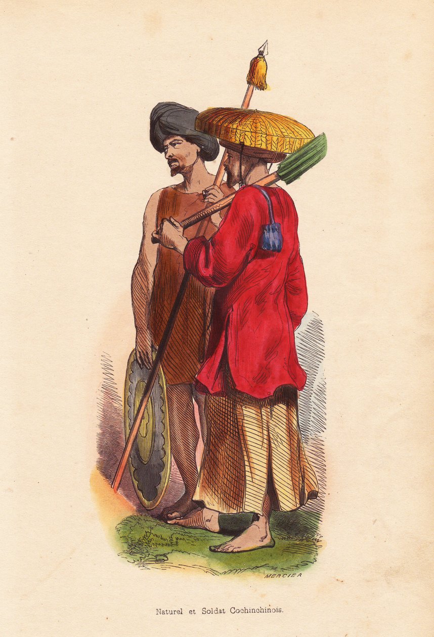 Paraszt és katona Cochinchinois (Vietnam) - Vietnam (Cochinchine) emberei: katona turbánnal, pajzzsal és lándzsával, paraszt szalmakalapban, tunikában és ásóval - Mercier kézi fametszete a "Moeurs, Uses et Costumes de tous les Peuples du Monde, As alkotó: Unbekannter Künstler