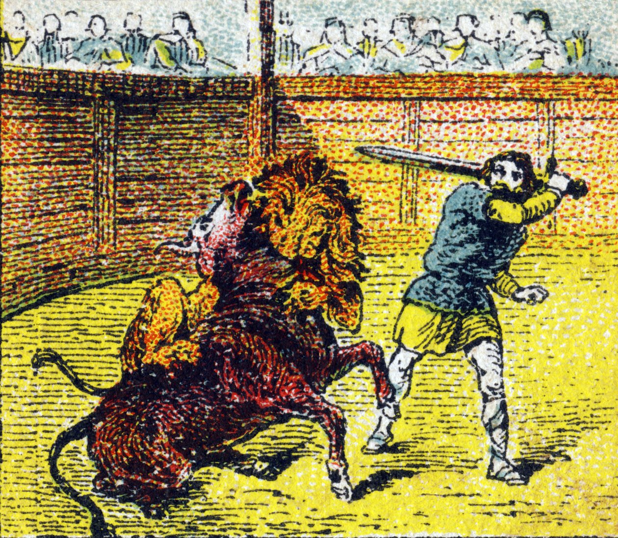 Pepin Le Brief leereszkedik az arénába, hogy lelője az oroszlánt, aki éppen a bika nyakába ugrott. Metszet a „Histoire de France”-ban. Reklámképsorozat, amelyet a Louit nevében tettek közzé, 24 rue d