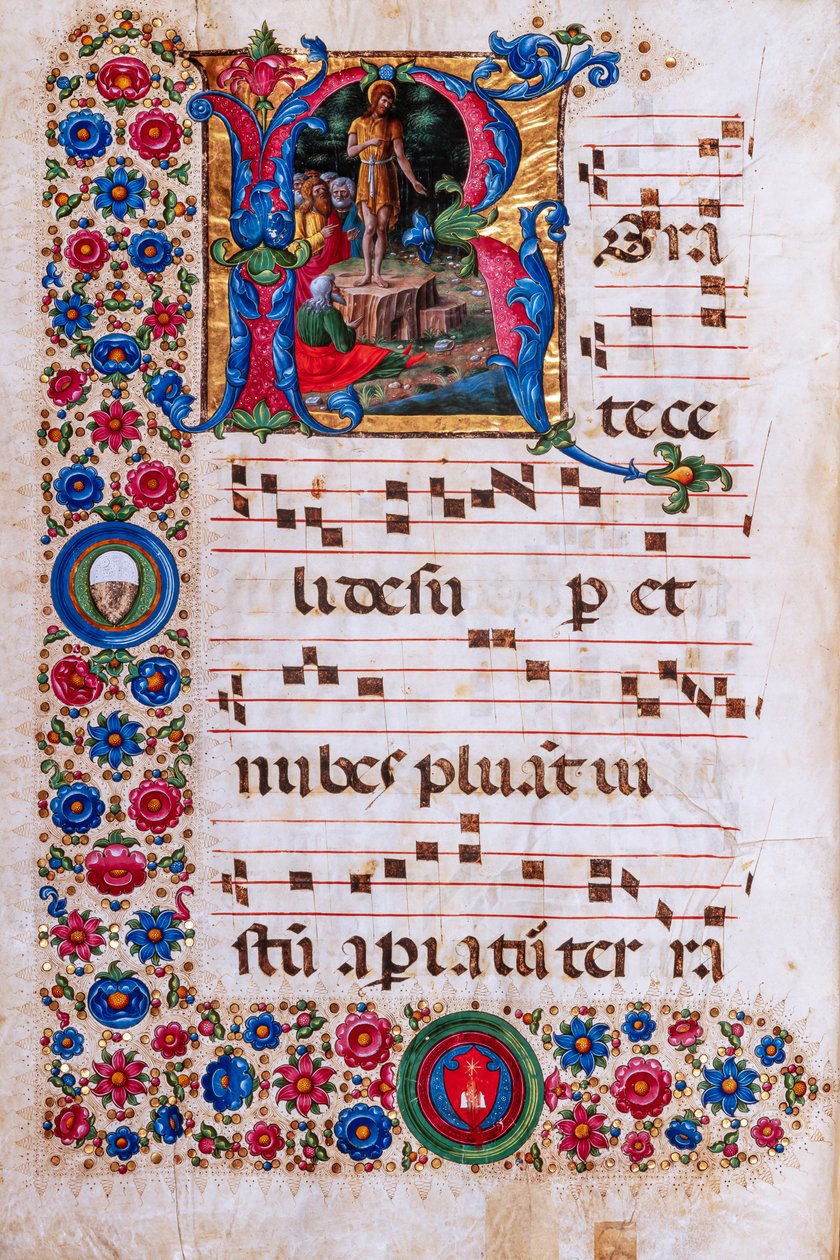 Piccolomini Könyvtár: kóruskönyv, cod. 18.3, ff. 45v „Keresztelő Szent János prédikációjával”, Girolamo da Cremona. alkotó: Unbekannter Künstler