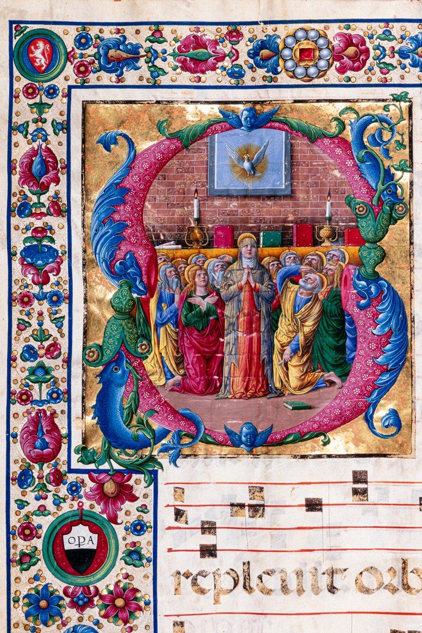 Piccolomini Könyvtár: kóruskönyv, cod. 23,8, ff. 100v a „The Pentecost”-val, Girolamo da Cremona. Részlet. alkotó: Unbekannter Künstler