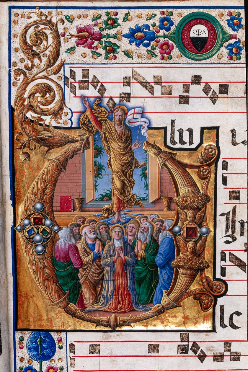 Piccolomini Könyvtár: kóruskönyv, cod. 23,8, ff. 66r „Krisztus mennybemenetelével”, Girolamo da Cremona. Részlet. alkotó: Unbekannter Künstler