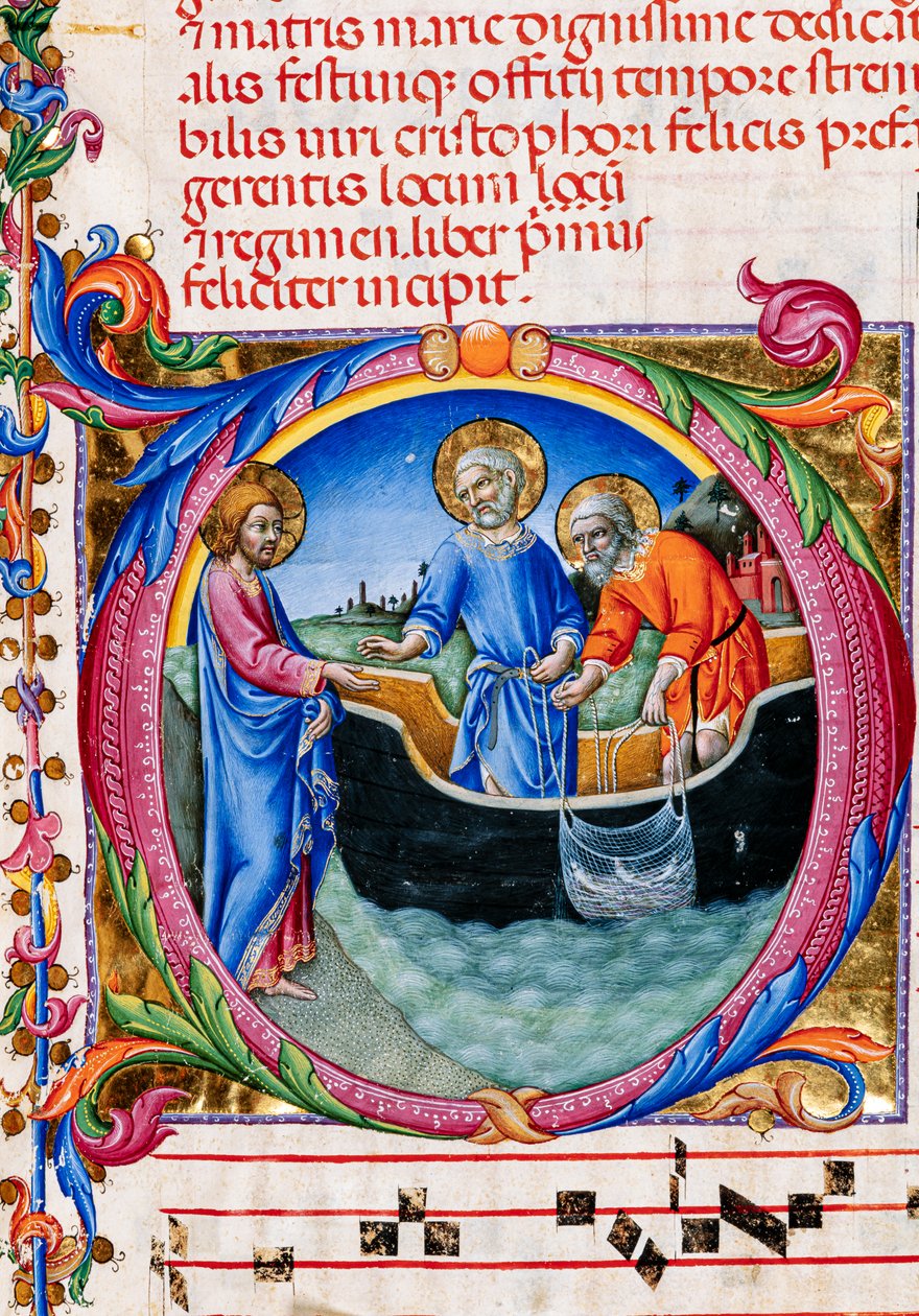 Piccolomini Könyvtár: kóruskönyv, cod. 27.11, ff. 1r „Szent Péter és Szent András elhívásával”, Sano di Pietro. Részlet. alkotó: Unbekannter Künstler