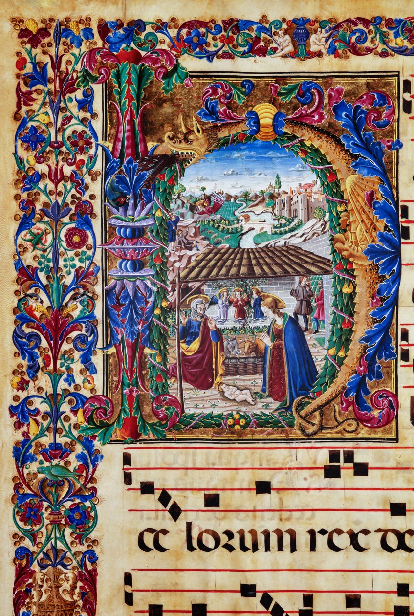 Piccolomini Könyvtár: kóruskönyv, cod. 2.B, ff. 5v „Nativity”-vel, firenzei megvilágítóval. Részlet. alkotó: Unbekannter Künstler
