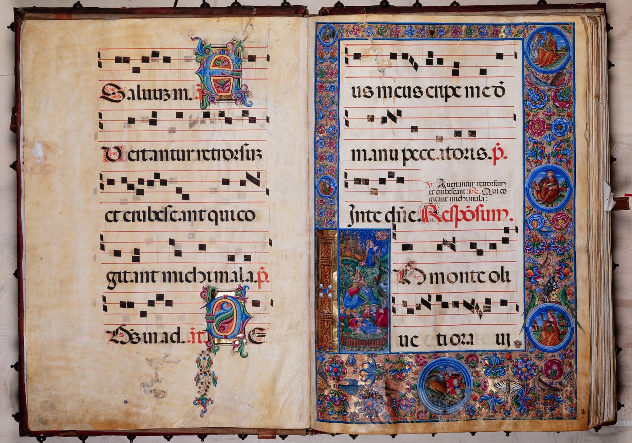 Piccolomini Könyvtár: kóruskönyv, cod. 8-H, ff. 1v-2r „Krisztus a Gecsemáné kertjében”, Bernardino Cignoni. alkotó: Unbekannter Künstler