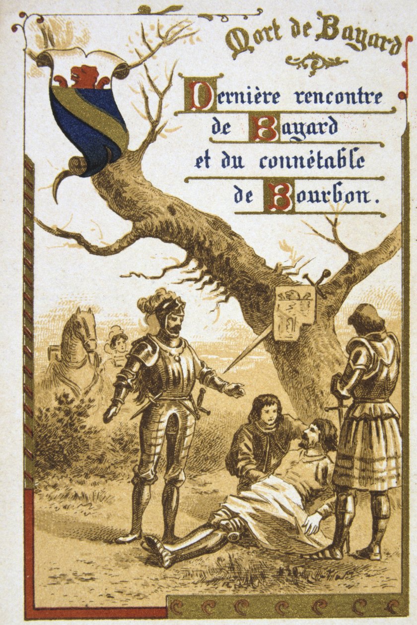 Pierre Terrail, Seigneur de Bayard (1475-1524) francia hős, a "félelem nélküli és feddhetetlen lovag". 19. század (kereskedelmi kártya kromolitográfiában) alkotó: Unbekannter Künstler