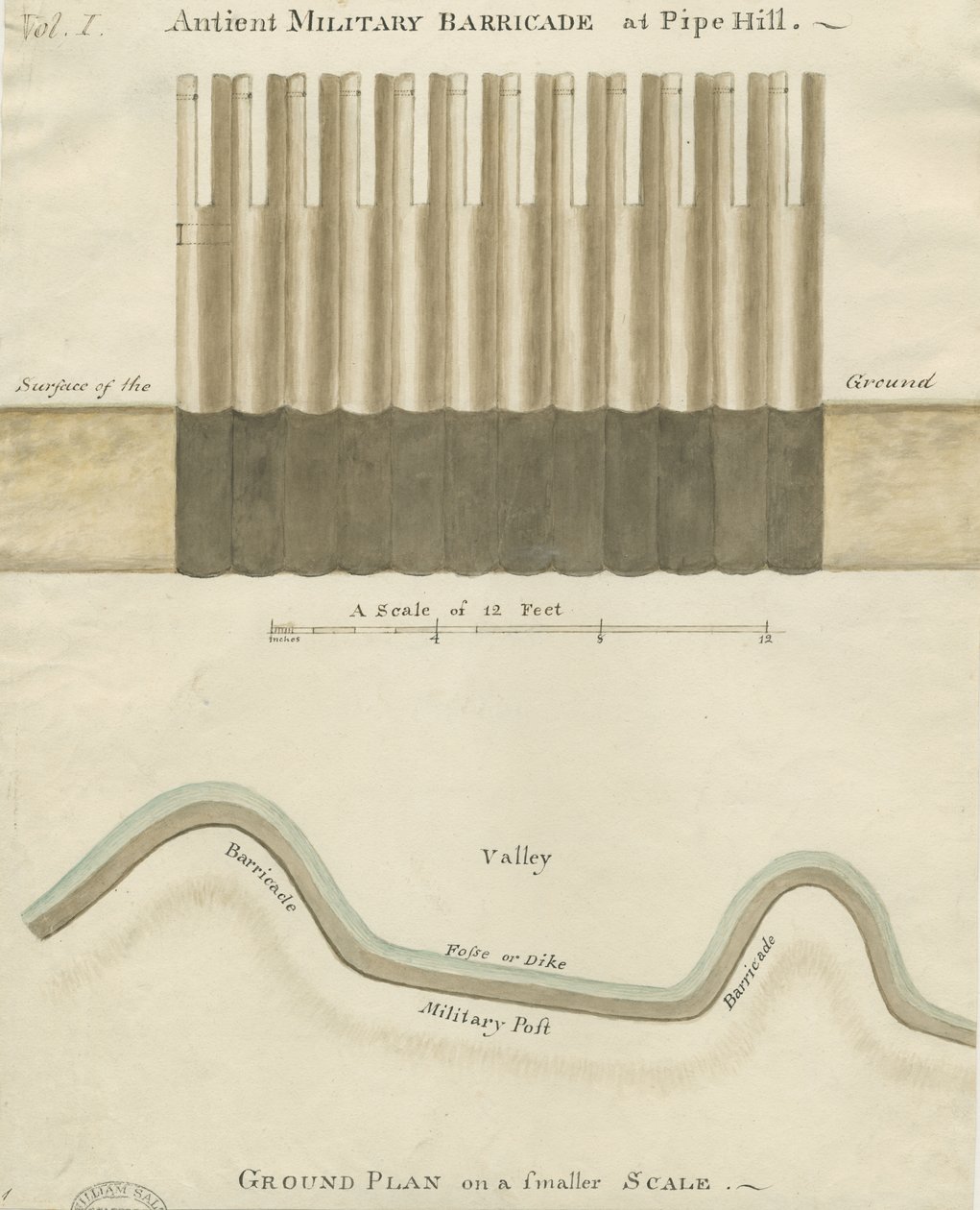 Pipehill – Katonai barikád: akvarell rajz, nd [1749-1823] alkotó: Unbekannt