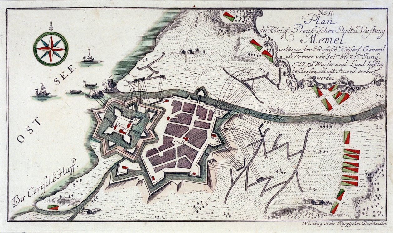 Memel (a mai Klaipeda, Litvánia) terve a város feladásakor, 1757. június 27. és július 5. között. Vizes metszet 1764-es színekben. alkotó: Unbekannter Künstler