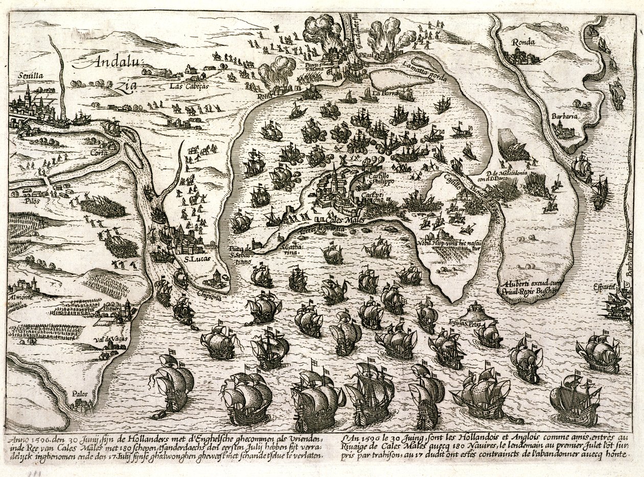 Cadizi kikötő terve 1596-ban, Sir Walter Raleigh támadása idején (metszet) alkotó: Unbekannter Künstler