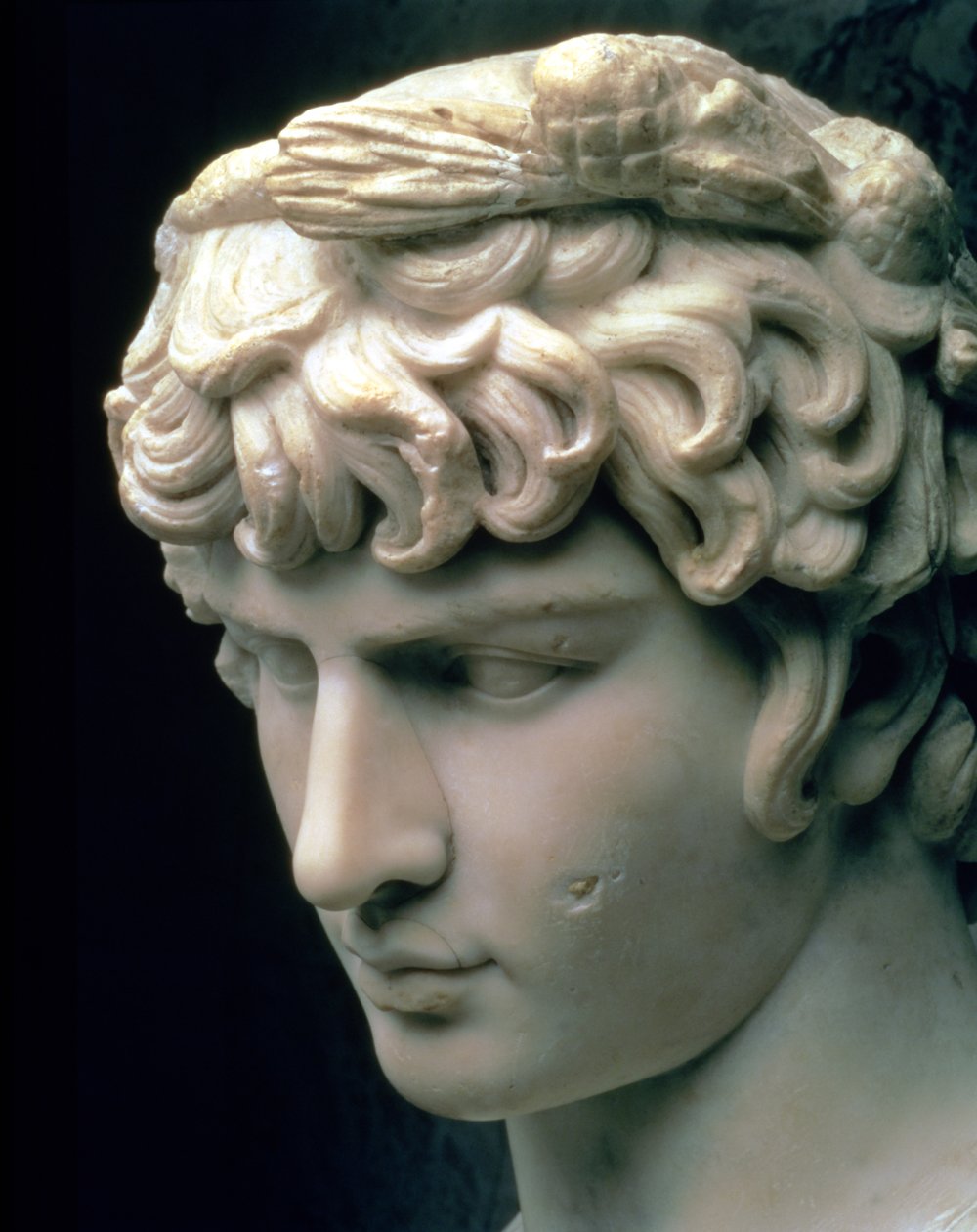 Dionüszosz koszorúját viselő Antinous portréfeje, Hadrianus császár tivoli-i villájából származó szobor része, római, 2. század (márvány) alkotó: Unbekannt