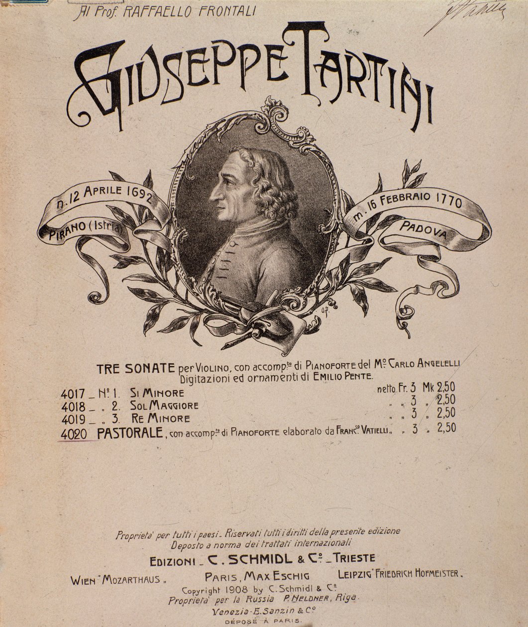 Giuseppe Tartini portréja. A szonáták zenei partitúrájának előképe alkotó: Unbekannter Künstler