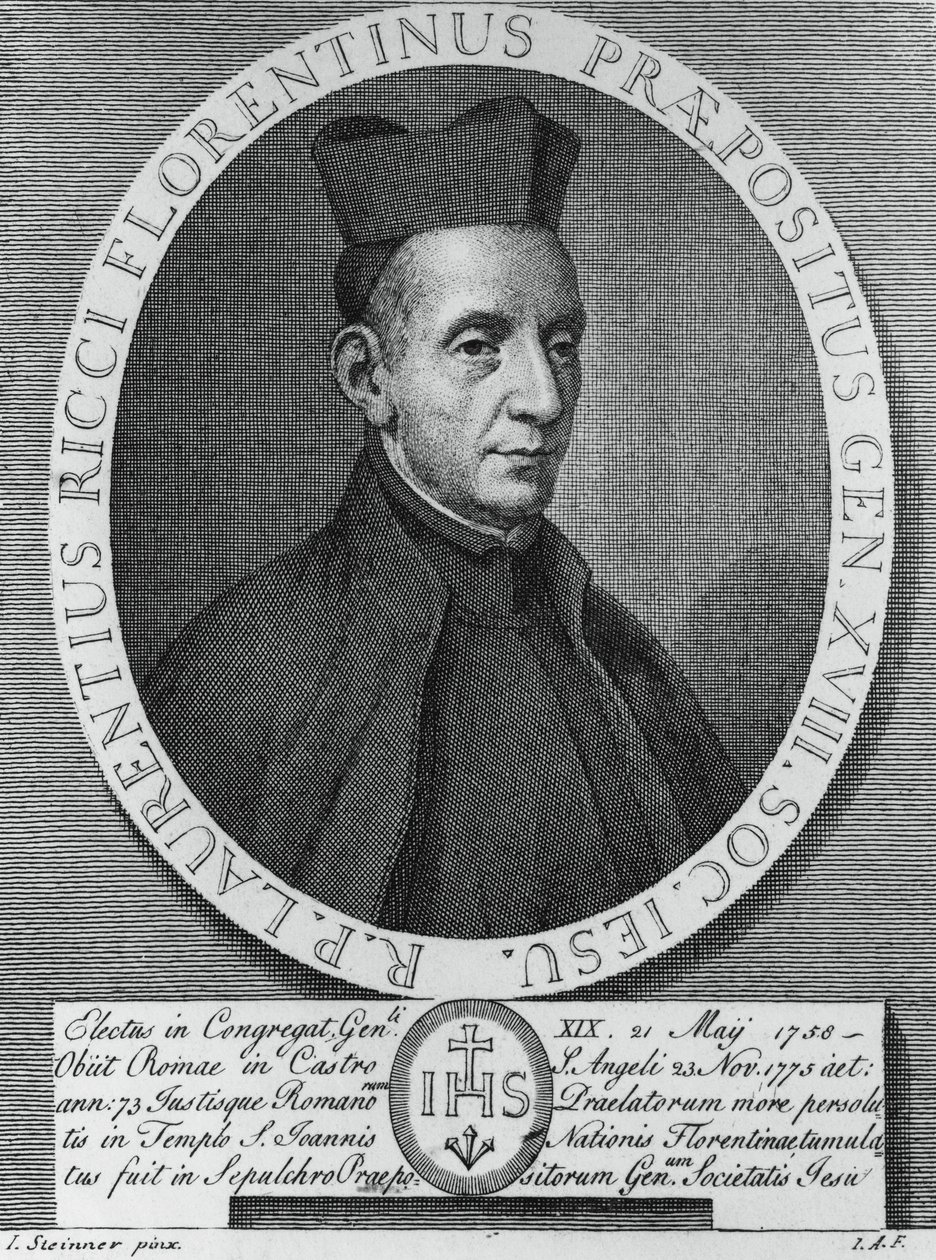 Lorenzo Ricci (1703-1775), olasz jezsuita és a Jézus Társasága 18. fővezérének portréja, metszet alkotó: William M. Timlin
