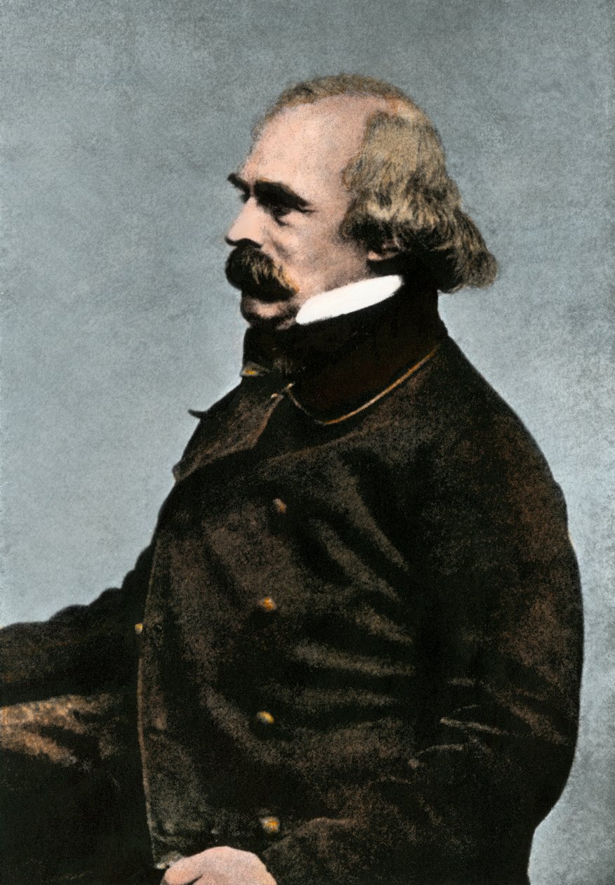 Nathaniel Hawthorne (1804-1864), amerikai író portréja, 1862 vagy 1863 körül - Kolorizált fényképezés 19. század - (Nathaniel Hawthorne, 1862 vagy 1863 körül - Bostonban készült fénykép kézzel színezett félhomályos reprodukciója) alkotó: Unbekannter Künstler